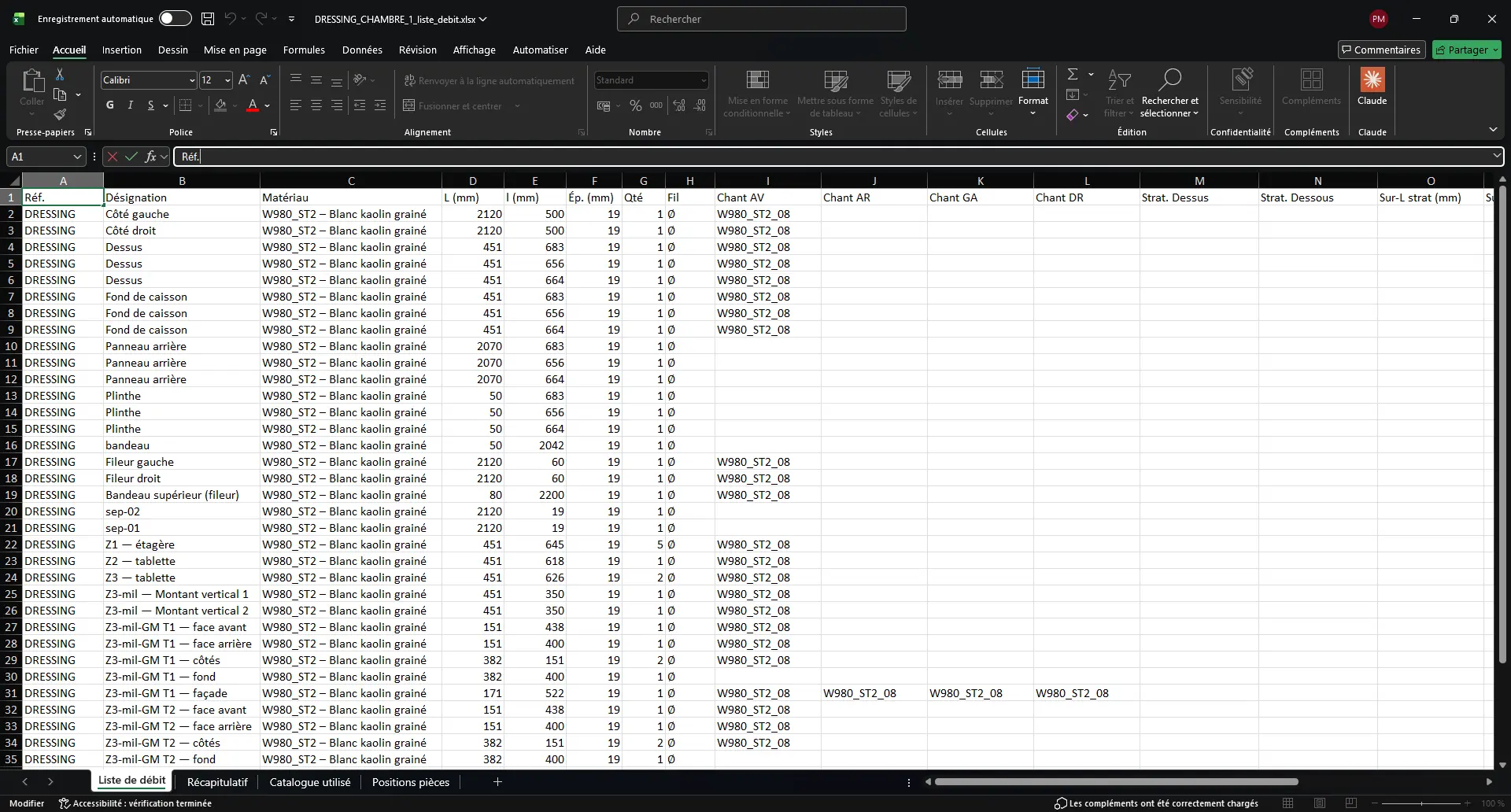 Export Excel liste de débit WoodNova ouvert dans Microsoft Excel