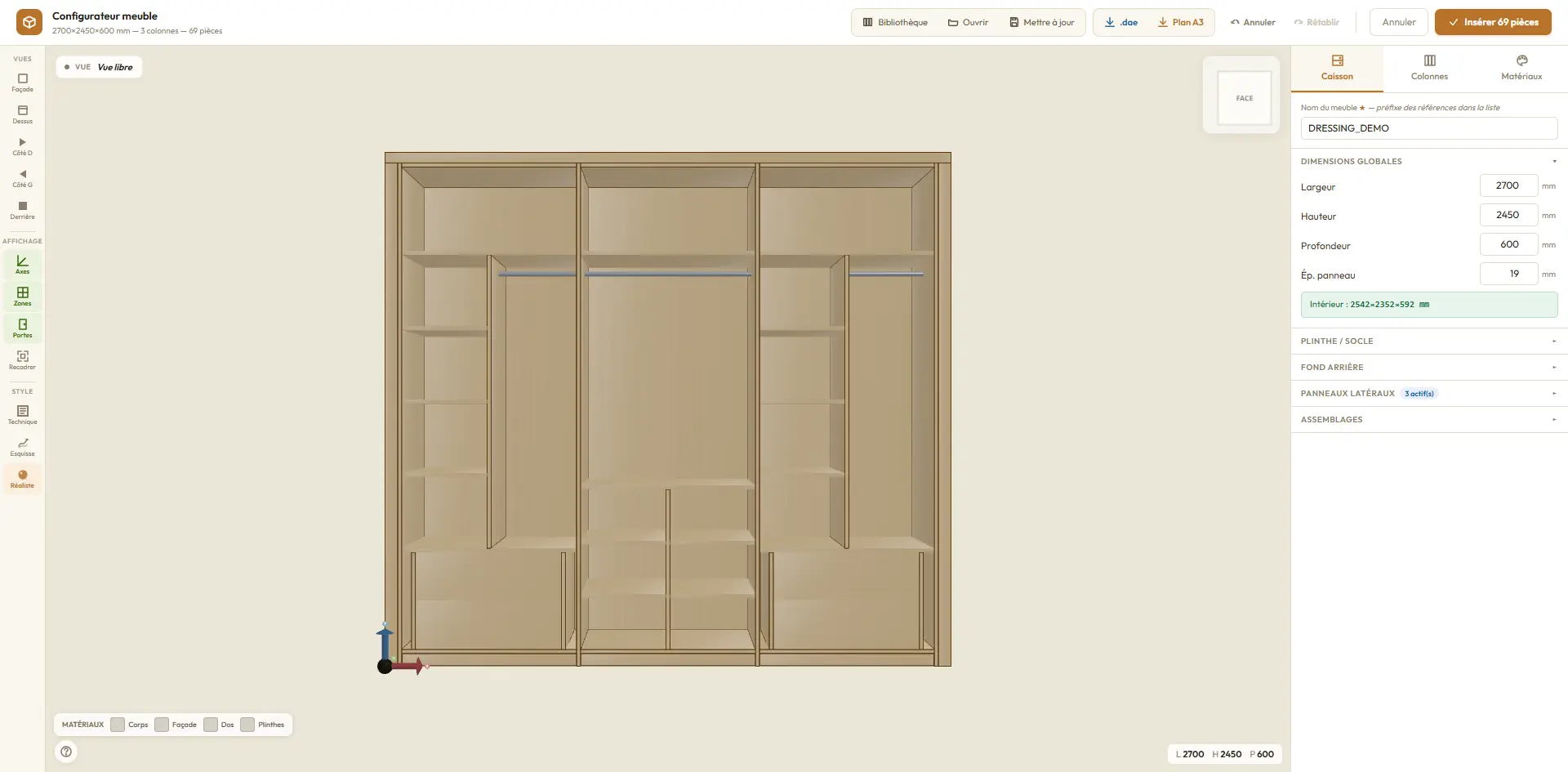 Capture du configurateur 3D WoodNova montrant un dressing 3 colonnes en chêne